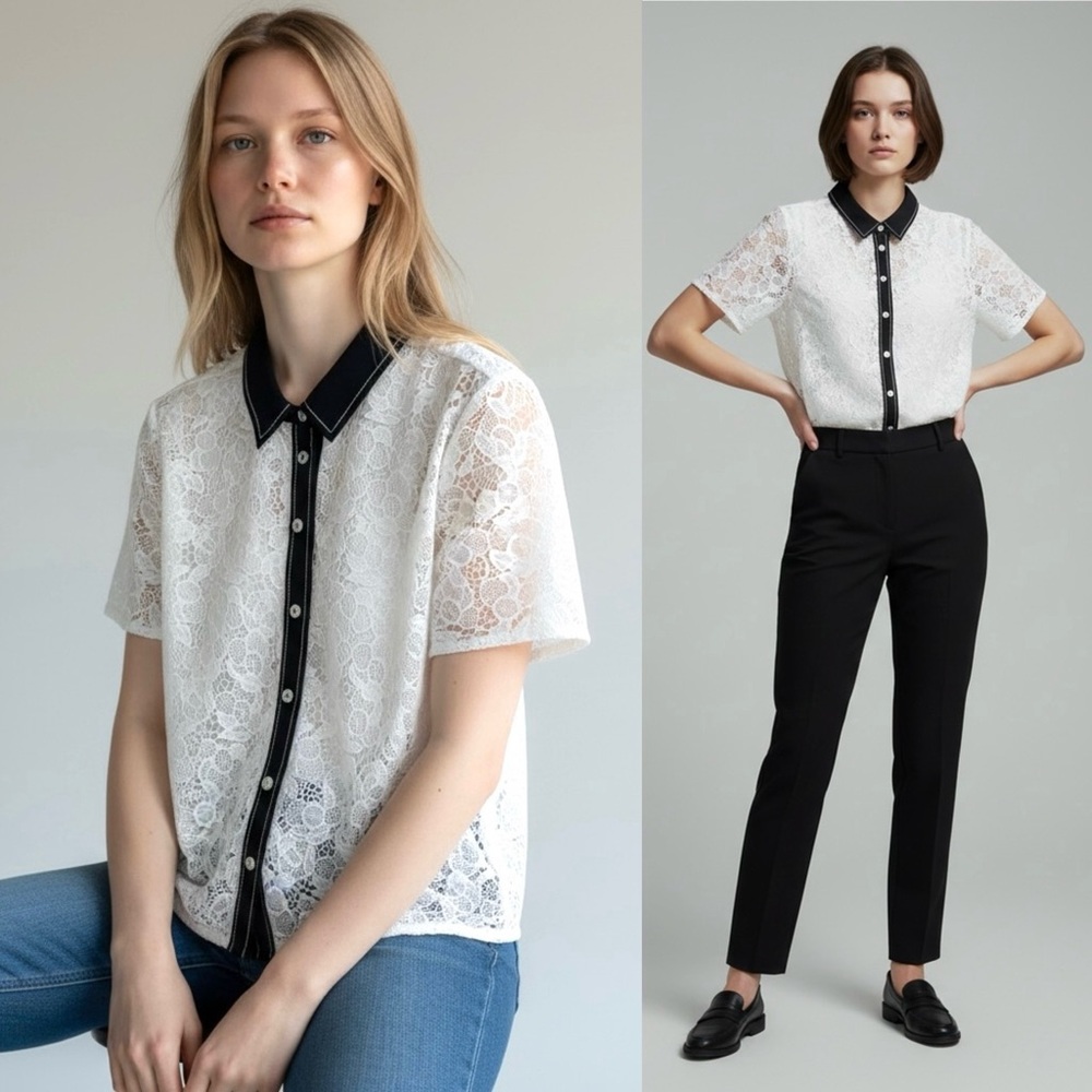 KARL LAGERFELD PARIS Lace Button-Up Blouse Contrast-Trim Point Collar - Picture 2 of 10